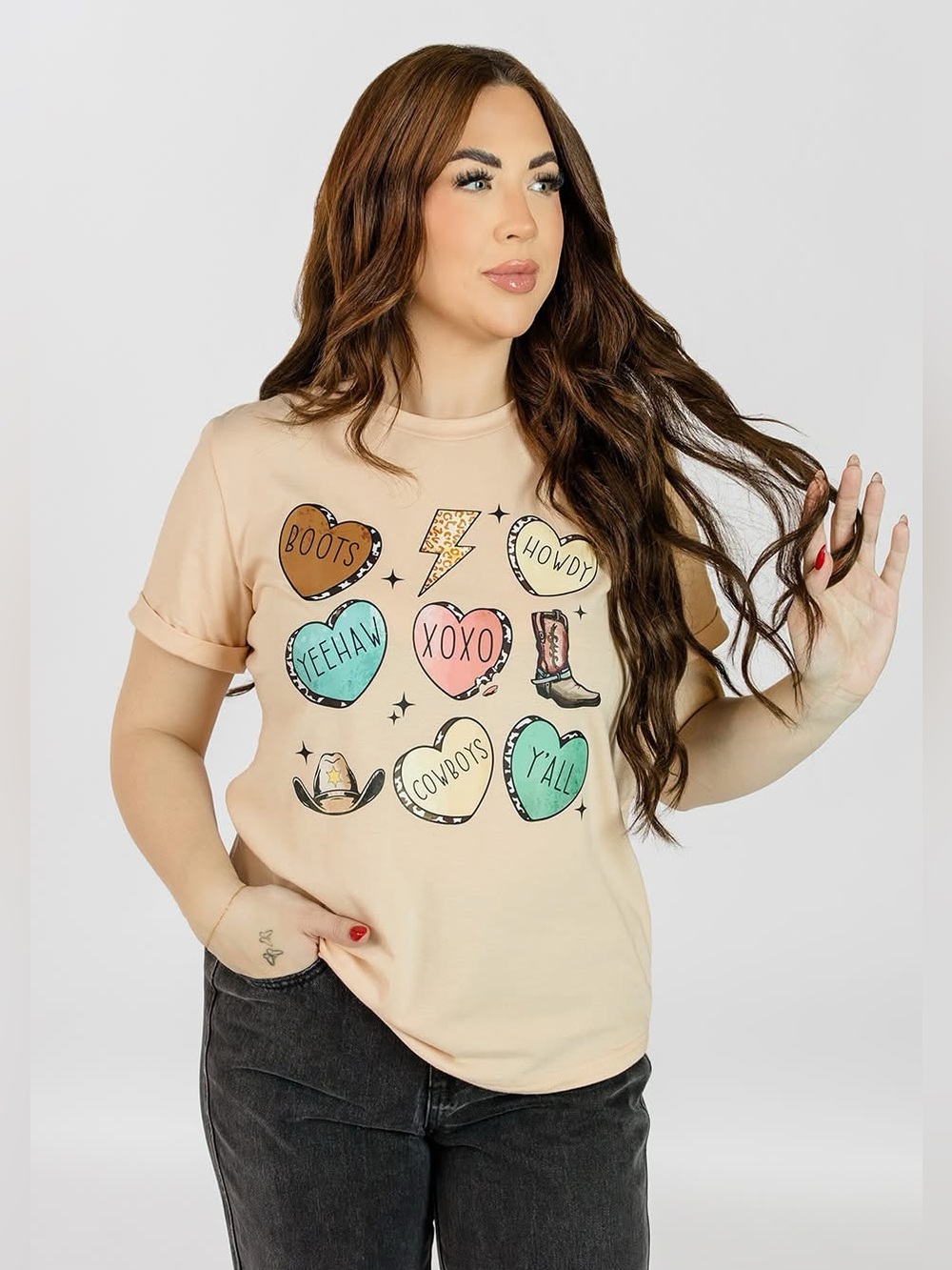 Lasso My Heart Tee (NWOT)🍒 Beige, Size Medium